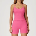 Ensemble de yoga côtelé sans couture avec débardeur et short en rose vif éclatant - S / Vest + Shorts - Rose Red