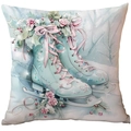 Mint green Christmas pillow cover featuring watercolor ice skates and pink roses - Ice Skates & Pink Roses