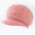 Rosa Winter Strickmütze mit Kunstkaninchenfell und Zopfmusterkrempe für Damen - Einheitsgröße / Wellenmuster Kaninchenfell Rosa