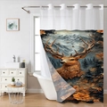 Double-layer waffle shower curtain with elk print and snow mountain art design - 181x188cm / Artistic Elk with Snow Mountain and Orange Flowers