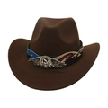 Classic dark brown felt western cowboy hat with USA metal buckle and flag pattern - Coffee