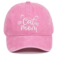 Detail of pink washed cotton baseball cap with white Cat Mom embroidery and cat ears - One Size / Pink