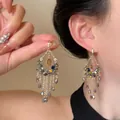Bohemian silver hollow teardrop earrings with multi-color beads and long metal tassels - 5# Silver Pin-Gold-Tassel