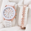 Elegant white silicone strap watch set with rose gold heart bracelet on silk back - White + Bracelet
