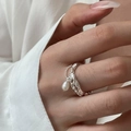 Silver pearl ring set featuring chain link design and dangling charm on finger - Pearl Soft Chain Multi-layer Silver Ring