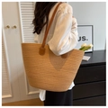 Light khaki woven tote bag with dark brown leather straps and reinforced stitching - No Zipper / Khaki