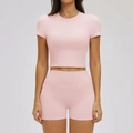 Pink ribbed yoga set with short sleeve crop top and high waist compression shorts for women - S / Short Sleeve + Shorts — Ceramic Pink