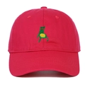 Detailed close-up of green cartoon frog embroidery on red cotton baseball cap - Adjustable / Rose Red