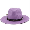 Lilac straw fedora hat with brown leather band and bull head charm for sun protection - M (56-58cm) / Taro Purple