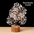 Rose quartz gemstone money tree with golden wire branches on a natural wooden base - Rose Quartz Wood Base Money Tree