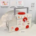 Off-white bus shaped medicine box for children with red wheels and bunny decals - With Stickers & 3D Charms / Grey Ambulance Medicine Box