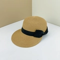 Women's woven straw sun hat in khaki with a decorative black ribbon bow accent - Adjustable M (56-58cm) / Light Coffee