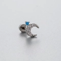 Silver crescent moon stud earring with blue zircon and pavé crystals on gray background - Crescent Moon With Diamonds Style (A21-2) / Single Piece