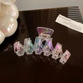 Large iridescent shark hair claw clip for women with colorful translucent resin finish - Wave / Iridescent Ribbed