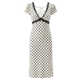 Elegante vestido de lunares crema con encaje negro refinado y mangas abullonadas chic - Lunares / S