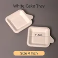 Eco-friendly white sugarcane pulp square cake plate with handle, 4 inch size - Square Handle Plate Thickened / White