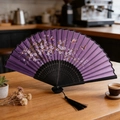 Classic purple folding fan with cherry blossom and butterfly print with black tassel - Style 62 (New Style)