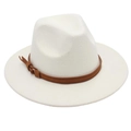 Detailed macro view of a white wool fedora hat with a classic brown leather belt decoration - Cream White (Brown Belt)