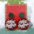 Detail of red and green glitter Christmas earrings with Merry Christmas text on pine branch - 06 Merry Christmas Candy Ball
