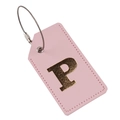 Pink PU leather luggage tag featuring a gold letter P and a secure steel cable loop - Letter P