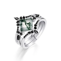 Detailed view of S925 silver rings set featuring square moss agate and black gemstones - US 6 / Square Cut Ring Set (RG019318) / Silver