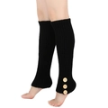 Detail of black knit leg warmers featuring vertical ribbing and three vintage wooden buttons - One Size / Black