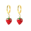 S925 Silver Needle Strawberry Fruit Hoop Earrings with Gold Plated Enamel Detail - Strawberry (Yellow Gold)