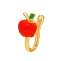 U-shaped non-piercing gold nose ring featuring a red enamel apple and green leaf - 05 KC Gold Apple