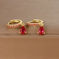 Detailed view of S925 silver needle drop earrings with red crystal pear-shaped charms - Gold Rose Red Zirconia
