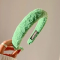 Light green wide headband with crinkled fabric texture and handmade label detail - Forest Green