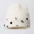 Bonnet en maille beige avec strass colorés faits main et revers épais pour l'hiver - Taille unique / Blanc (Strass)