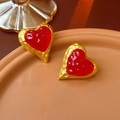 Vintage heart-shaped red enamel earrings with textured gold-plated edges in a pair - Silver Earring Post Red Wrinkled Heart Stud Earrings