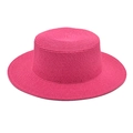 Detail of flat top straw boater hat showing fine pink weave texture and wide brim - M (56-58cm) / Rose Red