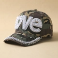 Detail of camouflage baseball cap with pearl LOVE lettering and rhinestone rim - Camouflage No.2 (Jungle Camo)