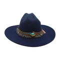 Cappello Fedora blu scuro a tesa larga con fascia etnica e dettaglio nappa turchese - Taglia unica / Blu navy