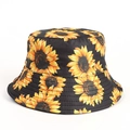 Gros plan du chapeau bob noir avec imprimés de tournesols et coutures de bord renforcées - M (56-58cm) / Noir