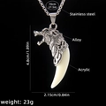 Men's stainless steel necklace featuring alloy wolf head and white acrylic tusk pendant - Wolf Tooth No.3 + 70cm Steel Chain