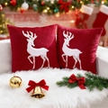 Set of two red velvet Christmas pillow covers with white embroidered reindeer silhouettes - Red Applique Embroidery Rabbit Fur Reindeer/Red