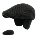 Men's knitted winter flat cap in charcoal grey with fold-down ear protection - Adjustable / Dark Green