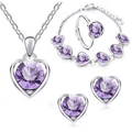 Silbernes Schmuckset mit lila Herz-Edelsteinen, Halskette und Ring inklusive - Hohlherz Violetter Zirkonia Stil (A-583)