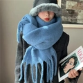 Thick knit blue mohair scarf with long tassels for women cozy winter winter accessories - Denim Blue