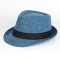 Detailed view of blue linen jazz hat with black band and woven fabric texture details - Adjustable / Blue