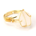 Detail of handmade gold wire wrapped pink natural agate stone on an adjustable ring - Adjustable Open / White Crystal