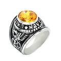 Silver military ring with yellow stone, eagle emblem and United States Navy engraving - US 7 / Silver with Yellow Zirconia
