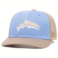 Dettaglio del cappello trucker con ricamo di squalo e pannelli in rete traspirante - Regolabile / Blu Chiaro con Beige