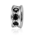 Silver-plated bead with three black cubic zirconia stones for charm bracelets - Platinum/Black Zirconia