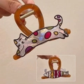 Amber resin hair claw clip with cat and fish patterns and mother-of-pearl finish - Cat + Khaki Clip
