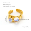 Irregular 18K gold plated stainless steel open ring with two luminous moonstones - Double Iridescent Luminous Stones (699)