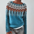 Detailed view of the vintage blue jacquard knit sweater with brown wavy patterns - 3XL / Tops / 9131# Blue Feather Pattern
