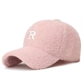 Pink sherpa baseball cap with white embroidered letter R for women winter casual style - Adjustable / Pink White R